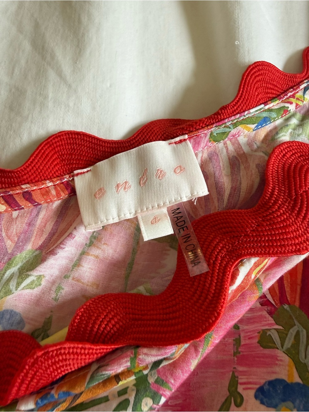 One-Shoulder Pink Floral Tiered Dress with Red Trim - Picture 2 of 5